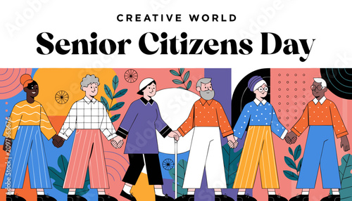 Senior citizens day, elderly people, diversity, illustration, vector graphics