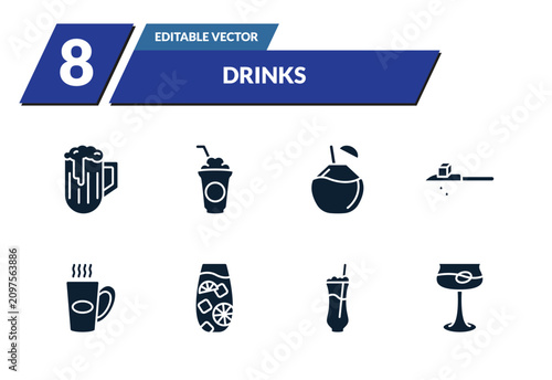 Foto filled drinks icons set - pub, frappuccino, coconut drink, drip