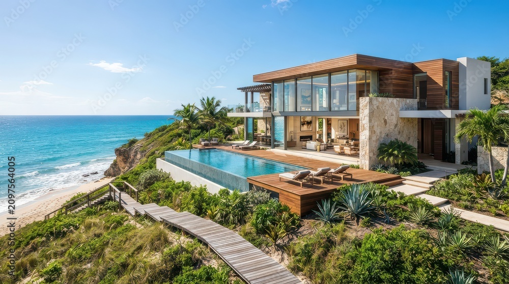 Fototapeta premium Modern oceanfront villa with infinity pool and beach view