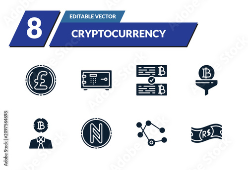 Foto filled cryptocurrency icons set - pound, strongbox, crypto records, function