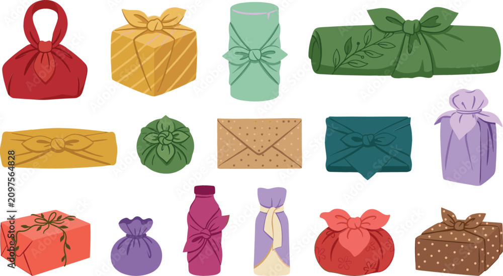 Fototapeta premium Traditional Japanese furoshiki fabric gift wrapping vector set with various textile wrapped boxes bottles and eco friendly packages isolated on white background