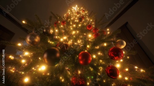 Glowing Christmas tree decorated with red and gold ornaments and festive warm lights for holiday background