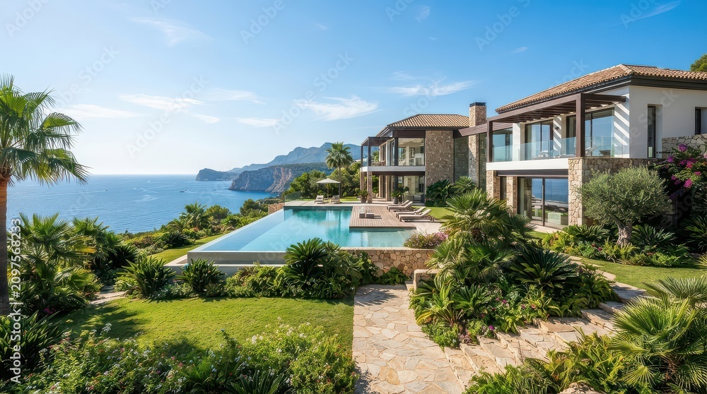 Fototapeta premium Coastal mansion garden with infinity pool and sea cliffs