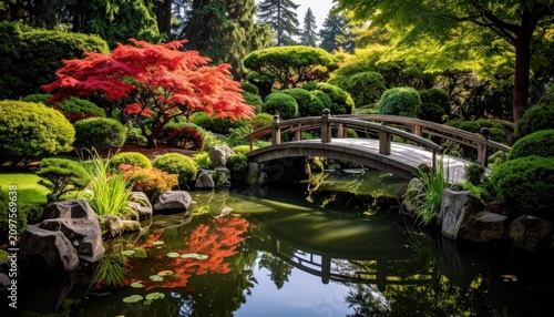 Arched bridge reflected in Japanese garden pond water.