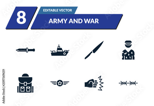 Cuadro en lienzo filled army and war icons set - military knife, warship, knife, conscription
