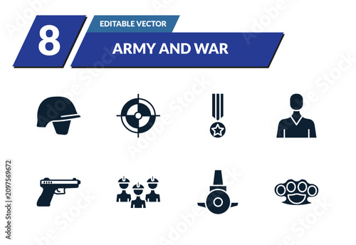 Obraz na płótnie filled army and war icons set - military helmet, gun shooting, condecoration, civilian