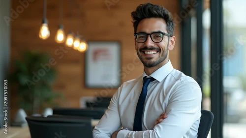 Young professional in formal attire standing with folded arms inside a contemporary office. Bright lighting and stylish decor create an inspiring business atmosphere.