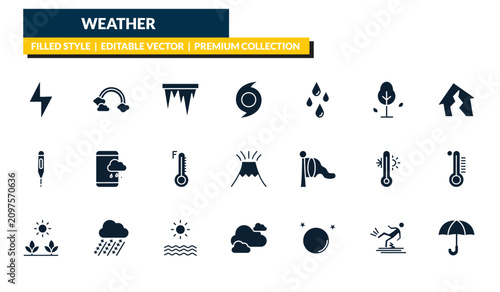 Fotografía filled weather icons set - lightning, rainbow, earthquake, umbrella