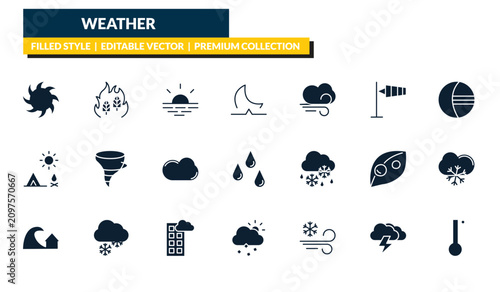 Fotografía filled weather icons set - tropical storm, wildfire, eclipse, degree