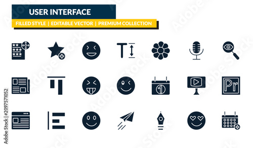 Photos filled user interface icons set - film list, add to favorite, detective search, add event