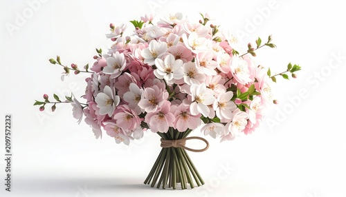 Delicate pink and white blossoms tied with twine against a white backdrop