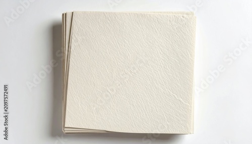 Stack of textured, cream-colored square paper napkins on a white background