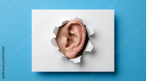 Human ear peeking through a torn hole in a white paper sheet