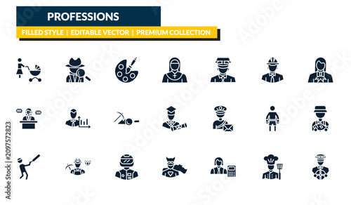 Bild auf Leinwand filled professions icons set - baby sitter, detective, lawyer, driver