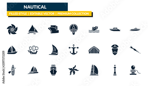 Canvastavla filled nautical icons set - boat screw, iceboat, speedboat, rope tied