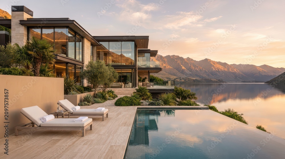 Fototapeta premium Modern mountain lake villa with infinity pool terrace