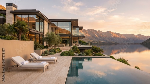 Modern mountain lake villa with infinity pool terrace