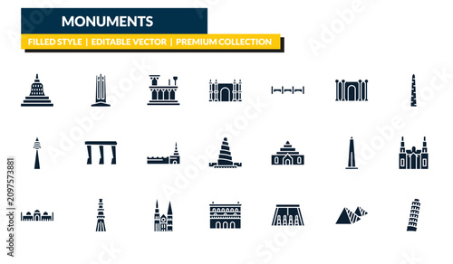 Tableau sur toile filled monuments icons set - borobudur, circle, walled obelisk, tower of pisa