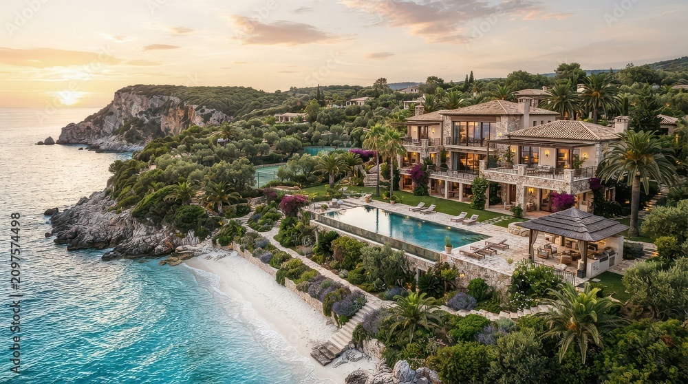 Fototapeta premium Coastal Mediterranean villa above beach with pool and gardens