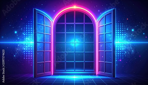 Arched neon window opening to bright blue light.