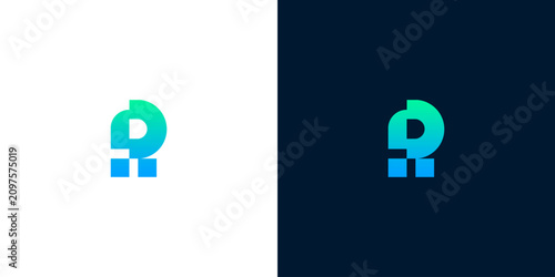 Konstfotografi Modern tech logo featuring the letter R with a pixelated base in blue and green