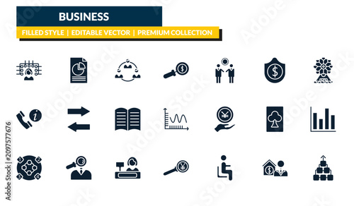 filled business icons set - multitasking woman, pie chart file, big ferris wheel, item connections. editable vector for web and mobile ui