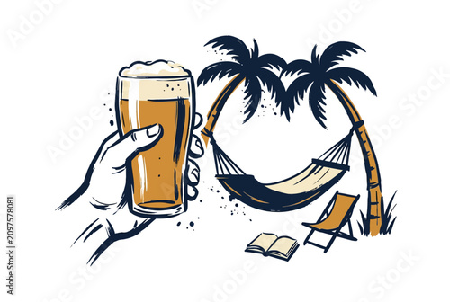 Картината върху платно A refreshing glass of beer being held with a tropical relaxation scene