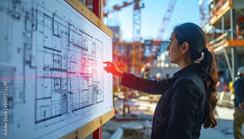 Architect pointing at building plans on construction site.
