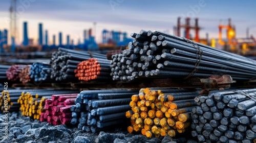 Colorful Bunds of Reinforcing Steel Bars in Storage Yard at Dusk with Urban Background