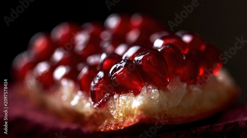 Close-up of vibrant red pomegranate seeds on a wooden surface