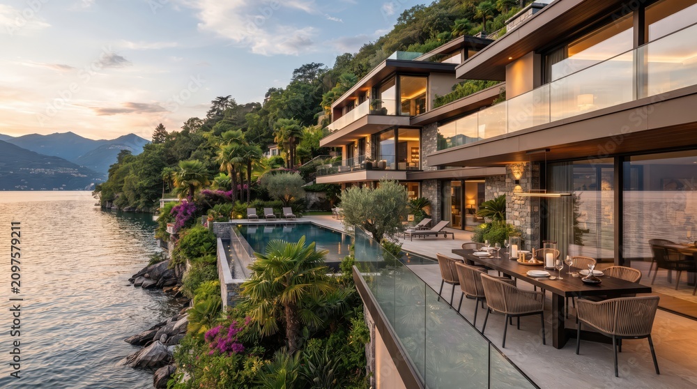 Fototapeta premium Lakefront hillside villas with glass balconies, pool, dining terrace, and mountain view