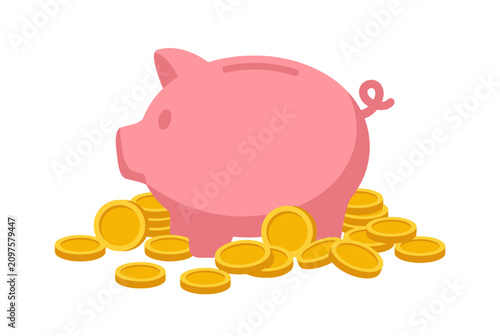 Εκτύπωση καμβά A pink ceramic piggy bank surrounded by a pile of gold coins