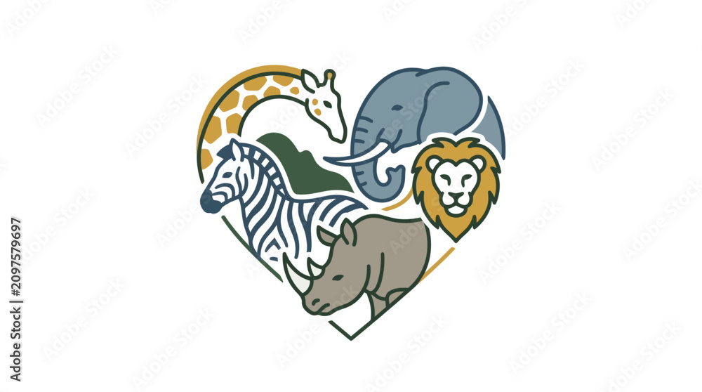 Obraz premium A creative heart shaped illustration featuring various African safari animals.