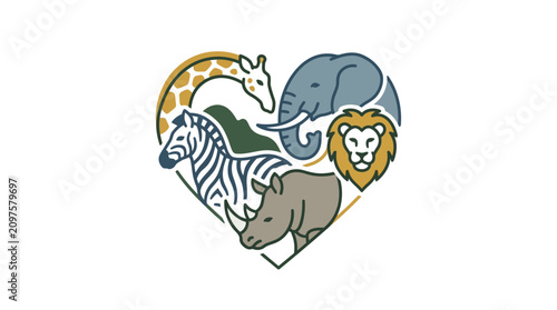 A creative heart shaped illustration featuring various African safari animals.
