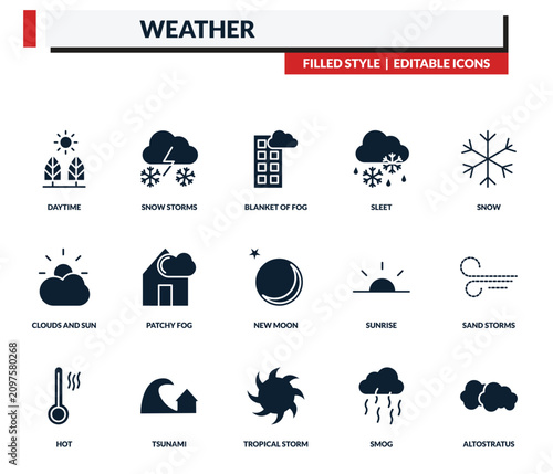 Bild auf Leinwand filled weather icons set - snow storms, blanket of fog, sleet, snow