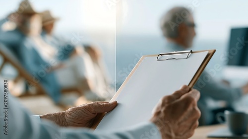 Senior holding a blank clipboard while retirees relax on one side and older adults continue working on the other, suitable for retirement age reform, delayed retirement and pension policy concepts