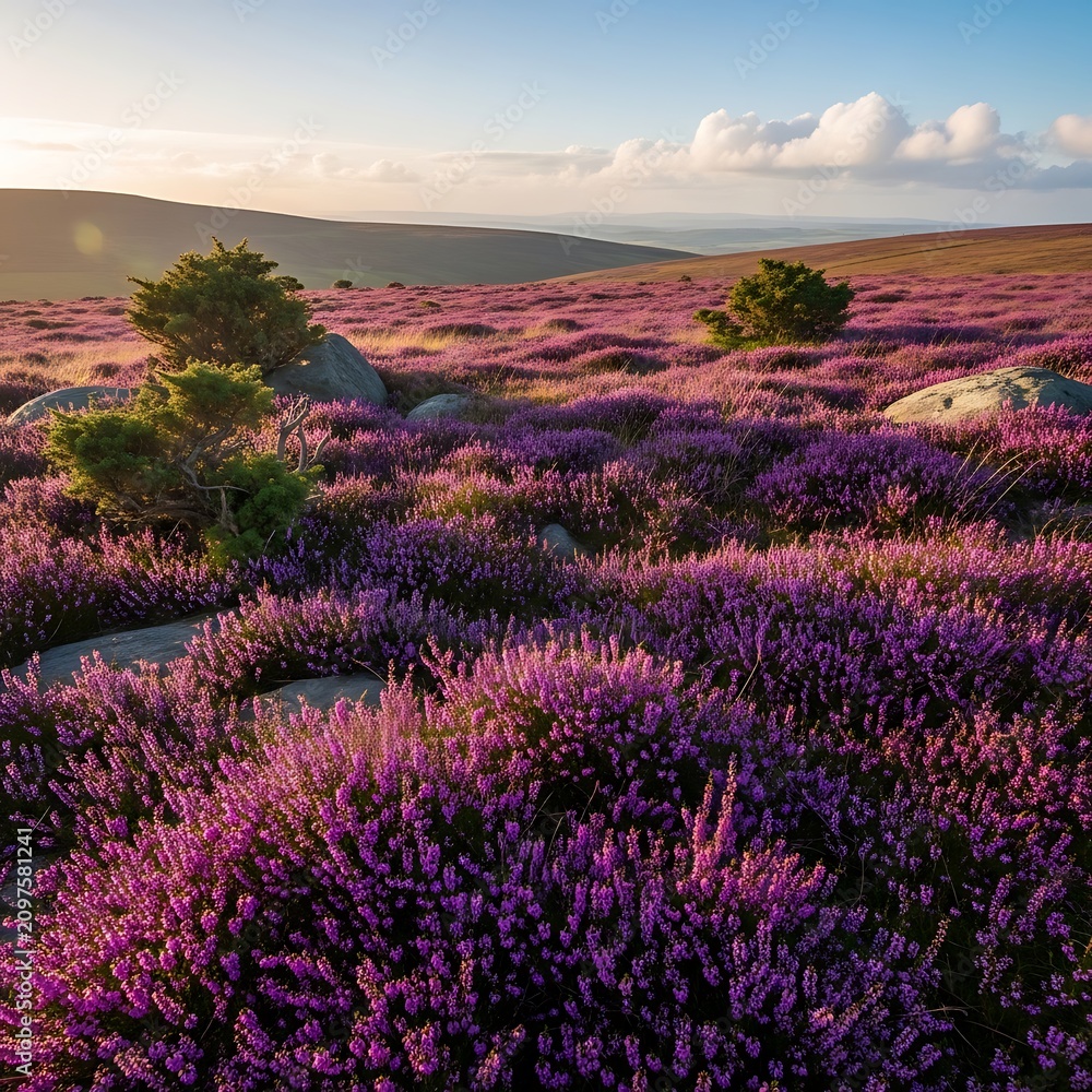 Obraz premium Vibrant Purple Heather Blooming Across Rolling Moorland at Golden Sunset