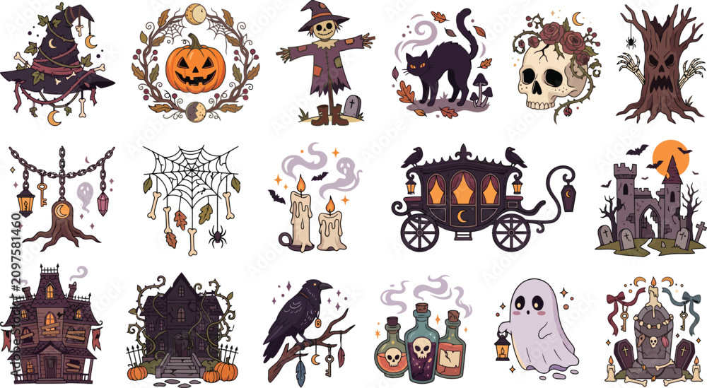 Obraz premium Set of fifteen cute hand drawn halloween stickers featuring spooky characters like ghosts pumpkins witches cats and haunted houses for decoration