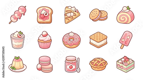 Cuadro en lienzo A delightful collection of kawaii-style pink desserts and sweets, including cakes, cookies, donuts, and pastries, perfect for a sweet treat
