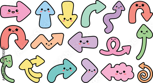 Cute kawaii smiling arrow character vector set