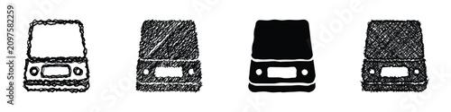 A collection of four distinct representations of a digital kitchen scale, varying in artistic execution from rough sketches to a solid silhouette
