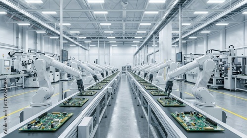 Automated robotic arms assemble circuit boards on a moving conveyor belt in a bright industrial electronics factory setting.