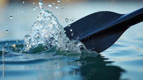 Primer plano de la pala de un remo de fibra de carbono cortando aguas cristalinas