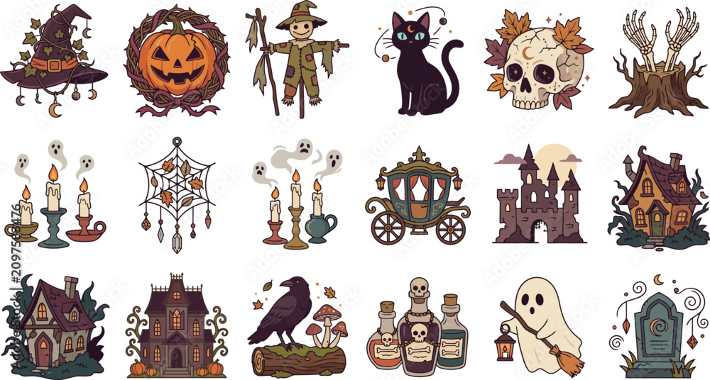 Obraz premium Set of various vintage style halloween illustrations featuring pumpkins ghosts skulls witches hats black cats and haunted houses for design