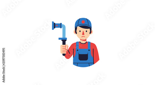 Professional Plumber Holding Pipe Wrench in Work Uniform