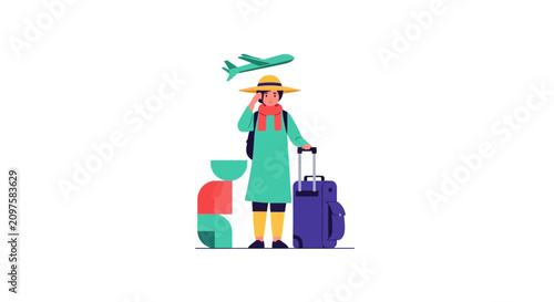 Traveler with Suitcase and Backpack Planning Trip