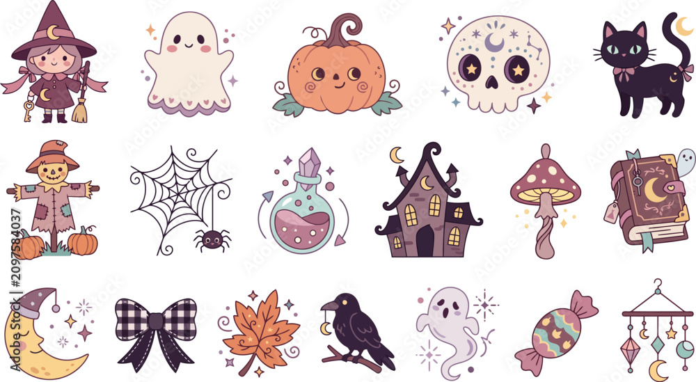 Obraz premium A collection of cute hand drawn halloween stickers featuring a witch ghost pumpkin skull cat scarecrow spider house and moon