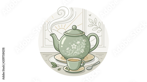 Tableau sur toile Cozy Morning Tea Time Illustration: Steaming Teapot and Cup with Floral Design