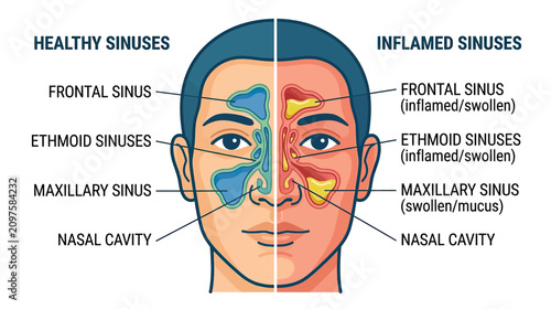 фотографія Diagram comparing healthy and inflamed sinuses in a human face
