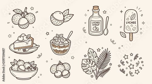 A delightful collection of hand-drawn illustrations featuring lychee fruits, desserts, and tropical elements, perfect for culinary and design themes.